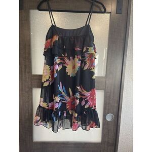 Double Zero Black Floral Short Dress Small Spaghetti Strap